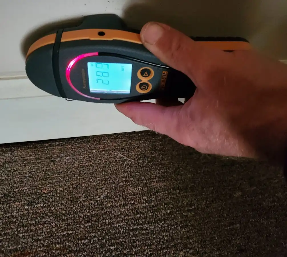Moisture detection at baseboard during Storm Damage Restoration in Fenton